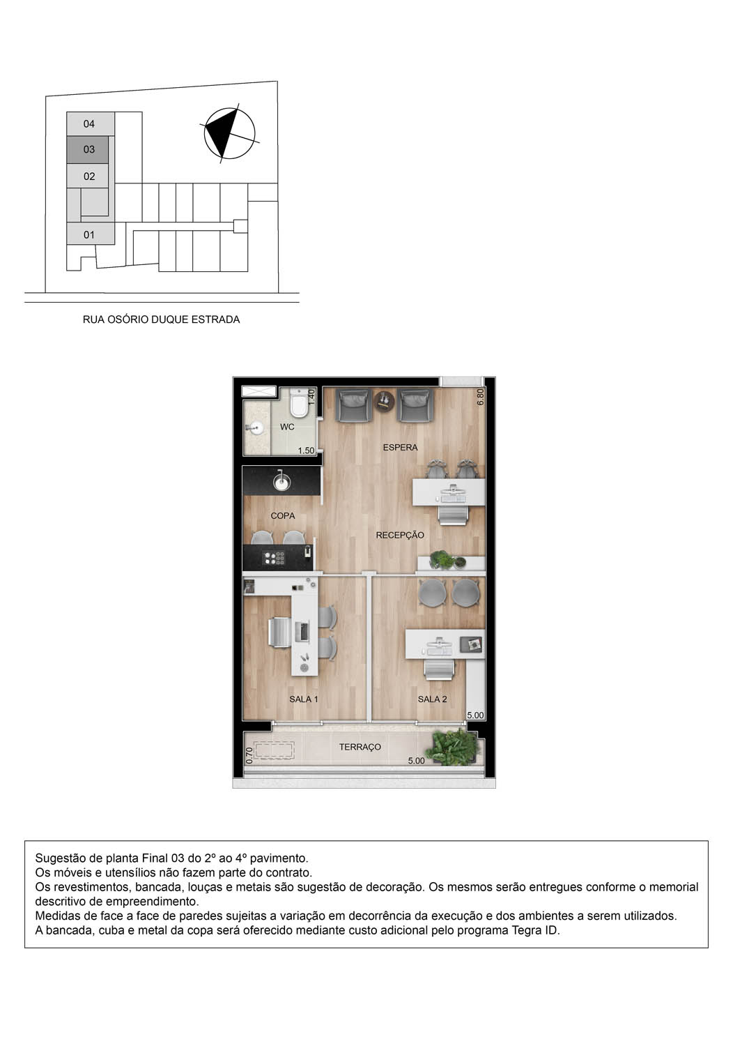 Planta do apto. de 46m² ´priv. - Opção ampliada